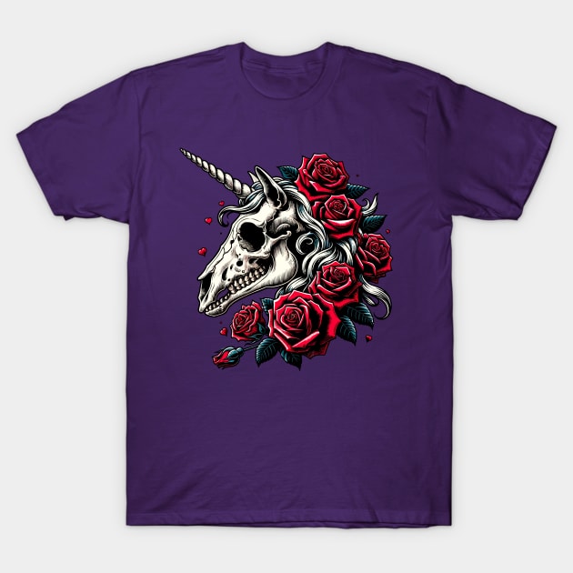 Unicorn skull with red roses T-Shirt by Art_Boys